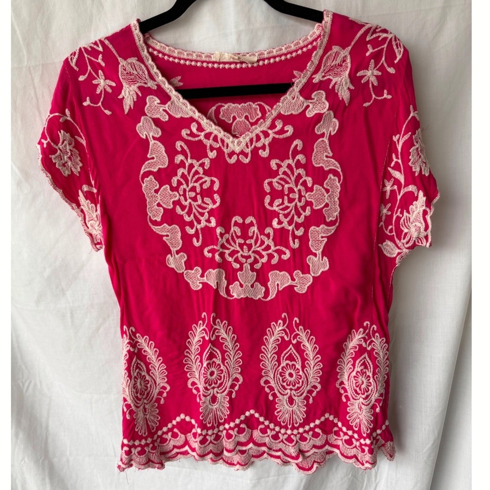 Solitaire Embroidered V-Neck Top Pink Boho Floral Cottagecore Peasant Small